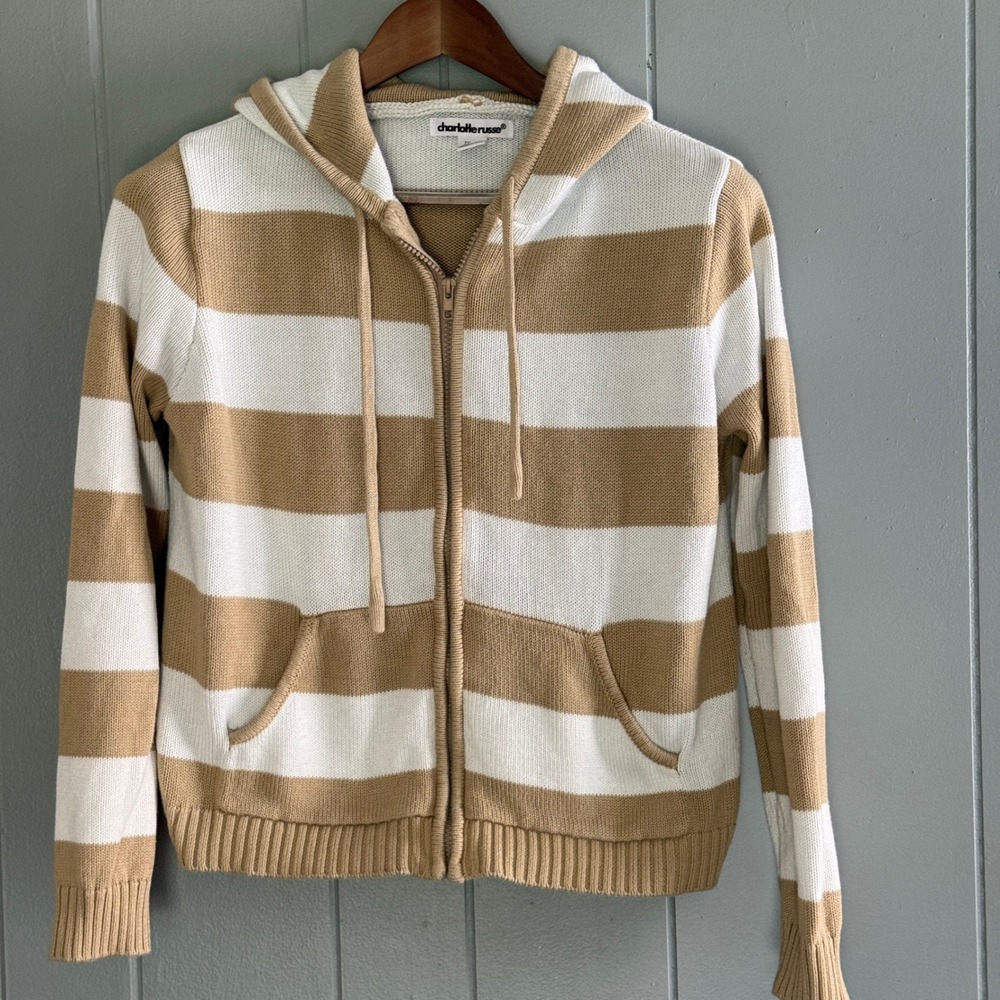 Striped Knit Zip Hoodie Camel White Coastal Preppy Nautical Sweater Size M